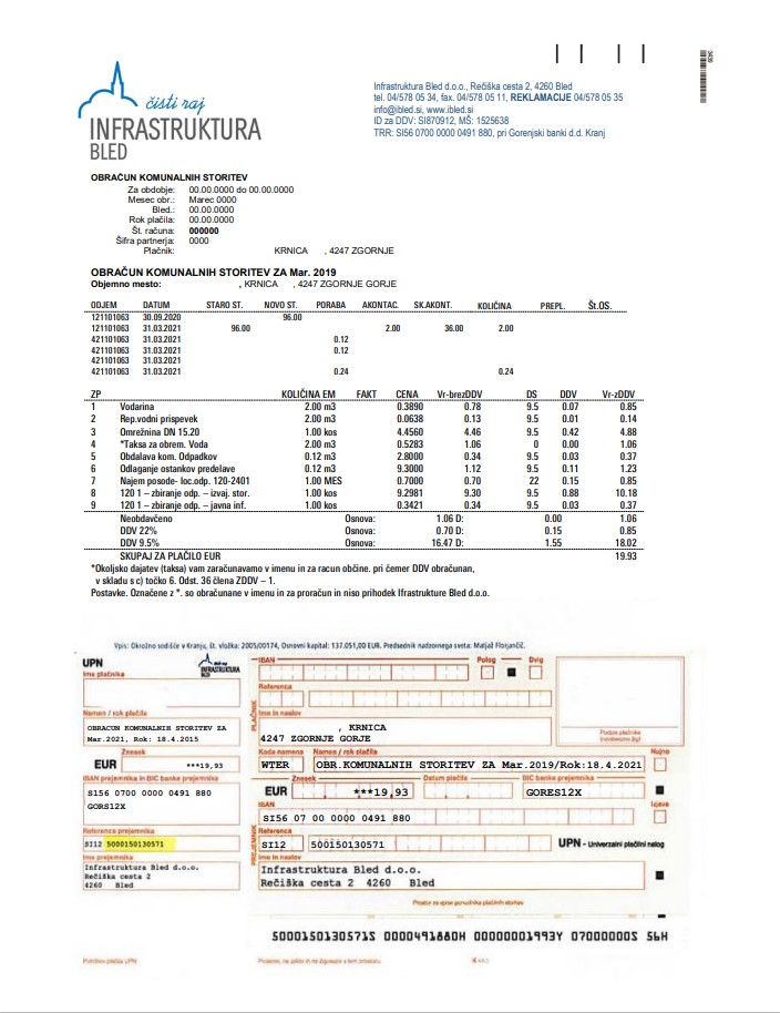 Slovenia Infrastruktura Bled utility bill template in Word and PDF format (.doc and .pdf)